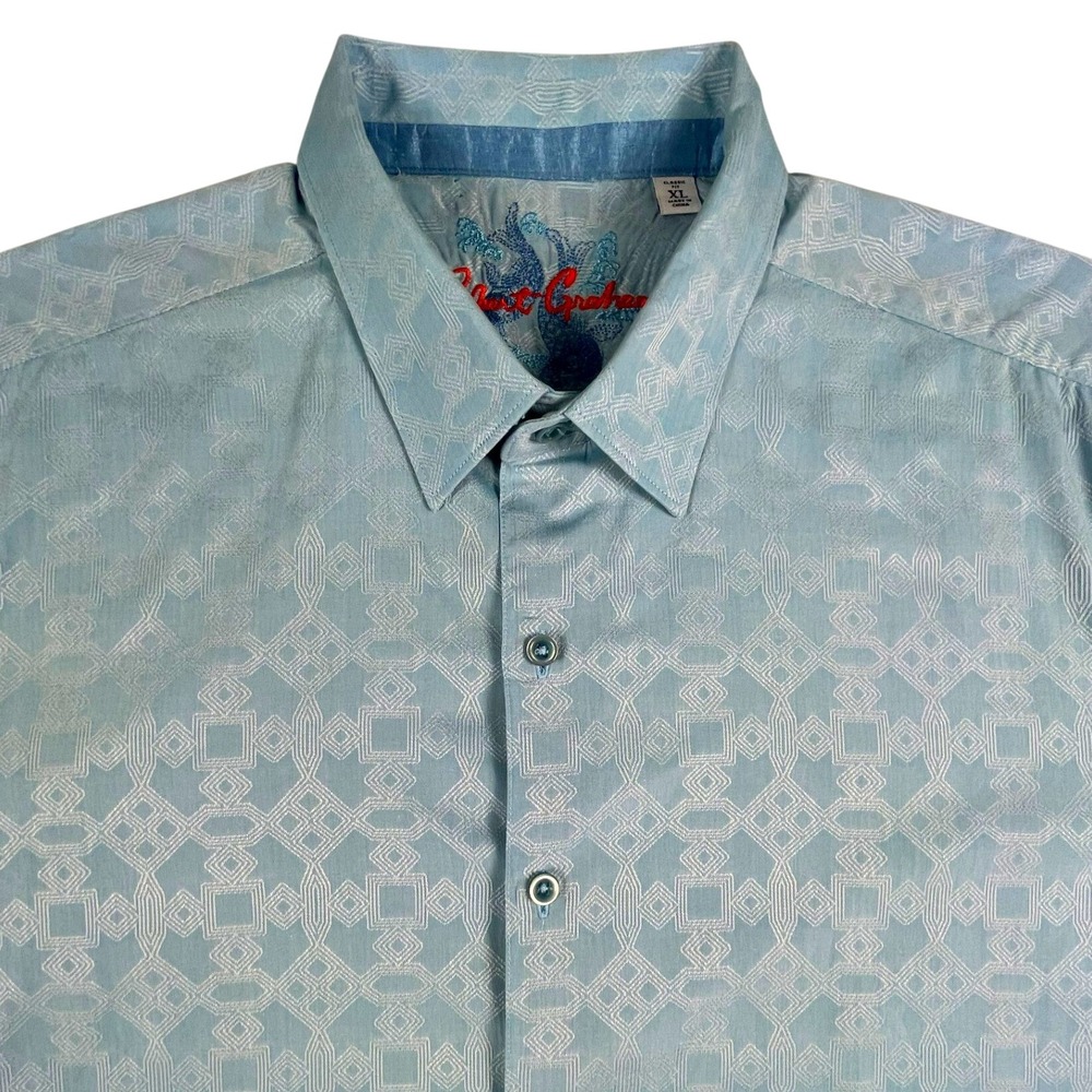 Robert Graham Shirt Mens XL Blue Geometric Jacquard Short Sleeve Classic Fit